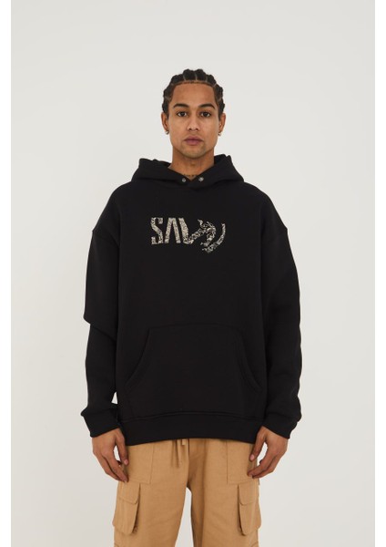 Kapüşonlu Ön Arka Saw Baskı Oversize Erkek Sweatshirt