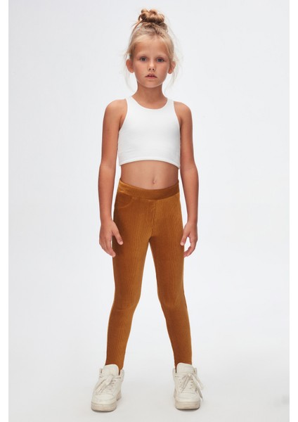 Hardal Kız Çocuk Sahte Cepli Fitilli Kadife Tayt