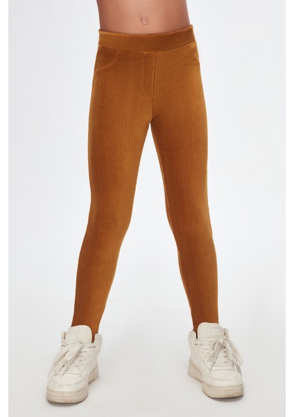 Hardal Kız Çocuk Sahte Cepli Fitilli Kadife Tayt fiyatları