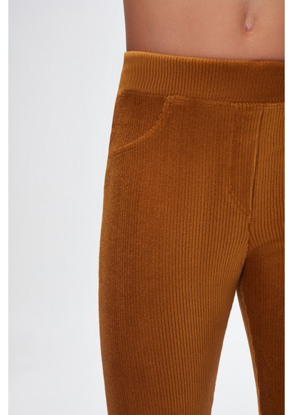 Hardal Kız Çocuk Sahte Cepli Fitilli Kadife Tayt modelleri