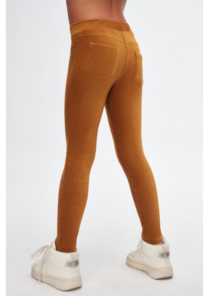 Hardal Kız Çocuk Sahte Cepli Fitilli Kadife Tayt