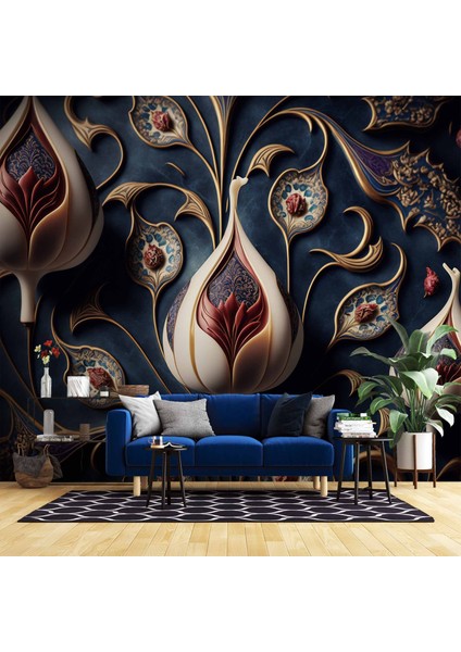 3 Boyutlu Lacivert Lale Desenli Duvar Kağıdı