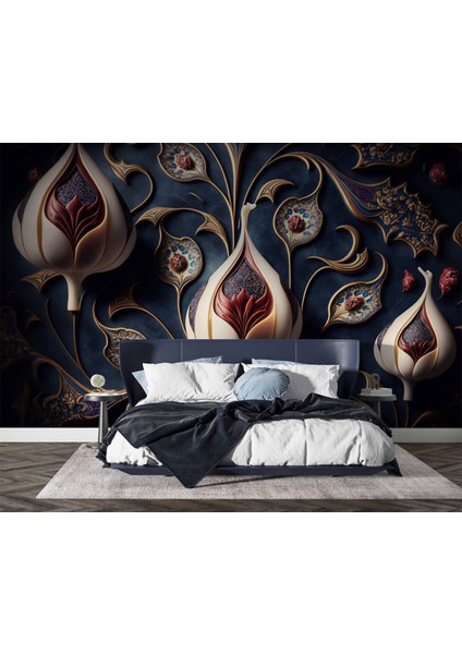3 Boyutlu Lacivert Lale Desenli Duvar Kağıdı fiyatları