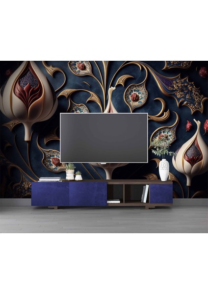 3 Boyutlu Lacivert Lale Desenli Duvar Kağıdı modelleri