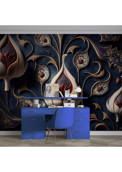 3 Boyutlu Lacivert Lale Desenli Duvar Kağıdı fırsatları