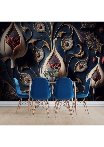 3 Boyutlu Lacivert Lale Desenli Duvar Kağıdı indirimleri