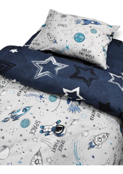 %100 Pamuk Bebek/Çocuk Yastık Çarşaf Yorgan Seti Uzay Desen/lacivert Yıldızlı