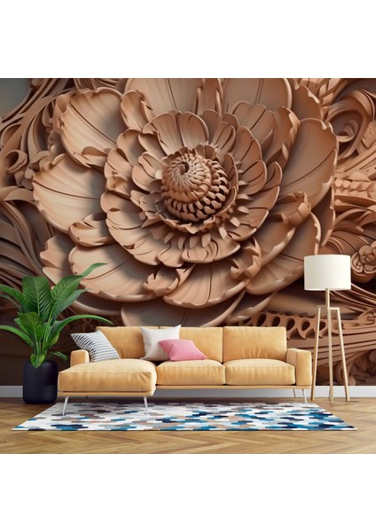 3 Boyutlu Açan Çiçek Figürlü Ağaç Oyma Desenli Duvar Kağıdı