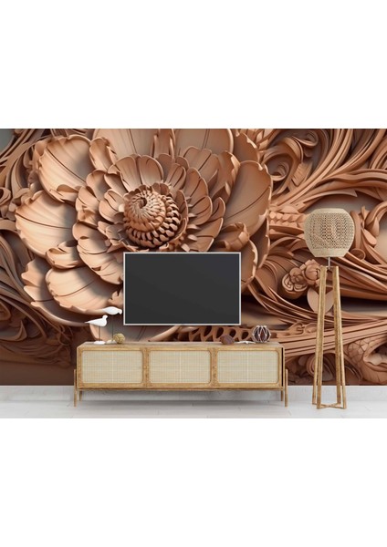 3 Boyutlu Açan Çiçek Figürlü Ağaç Oyma Desenli Duvar Kağıdı modelleri