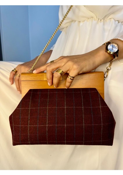 Bahram Petite - Zincirli, Ahşap Burslu Kumaş Çanta, Clutch, El Çantası, Kol Çantası, Omuz Çantası