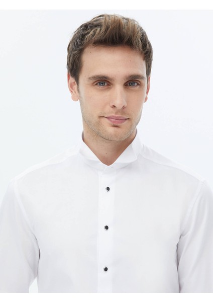 Beyaz Düz Slim Fit Duble Manşet Ata Yaka Smokin Gömlek