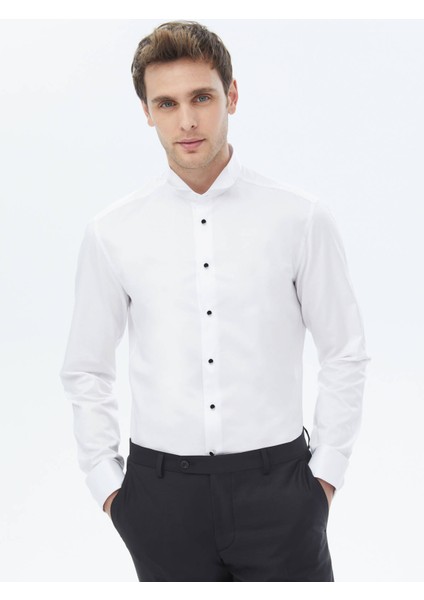 Beyaz Düz Slim Fit Duble Manşet Ata Yaka Smokin Gömlek fiyatları