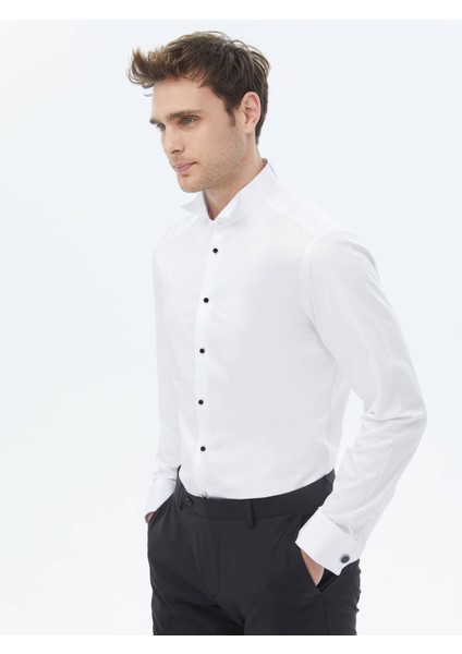 Beyaz Düz Slim Fit Duble Manşet Ata Yaka Smokin Gömlek fırsatları