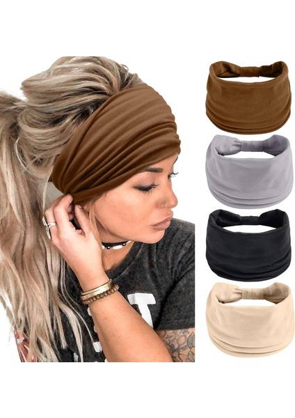 Kadın Geniş Kafa Bandı Siyah Moda Başörtüsü Bohem Kalın Hairband Büyük Spor Yoga Başörtüsü Kafa Bandı Saç Aksesuarları (4'lü Paket) (Yurt Dışından)