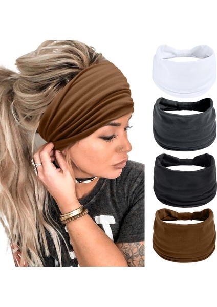 Kadın Geniş Kafa Bandı Siyah Moda Başörtüsü Bohem Kalın Hairband Büyük Spor Yoga Başörtüsü Kafa Bandı Saç Aksesuarları (4'lü Paket) (Yurt Dışından)