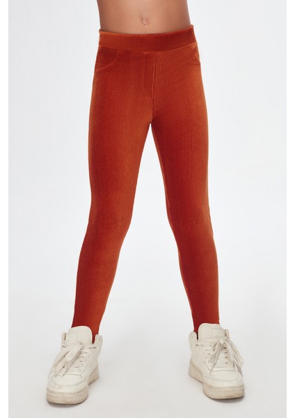 Kiremit Kız Çocuk Sahte Cepli Fitilli Kadife Tayt fiyatları