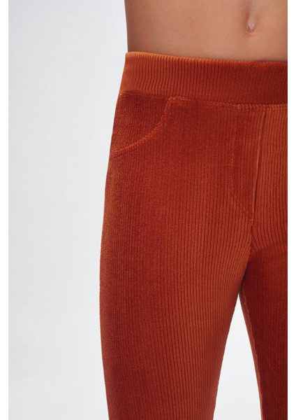 Kiremit Kız Çocuk Sahte Cepli Fitilli Kadife Tayt modelleri