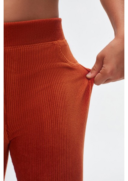 Kiremit Kız Çocuk Sahte Cepli Fitilli Kadife Tayt fırsatları