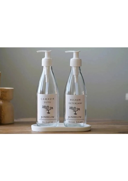 3lü Set Beyaz Suya Dayanıklı Etiket Cam Şişe Bulaşık Deterjanlık Çamaşır Suyu 2X330ML+BEYAZ Altlık BOŞ