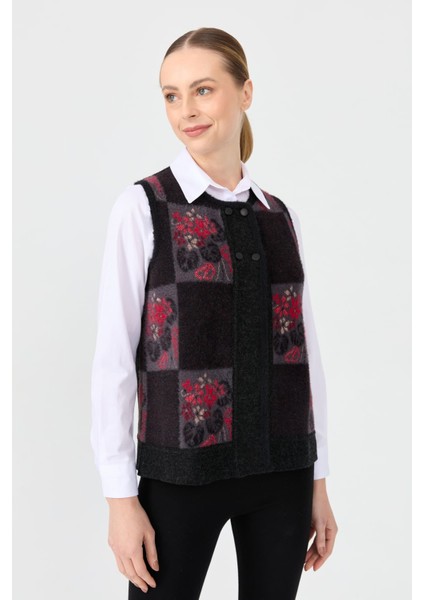 Kadın Sıfır Yaka Patchwork Arkası Keçe Kısa Yün Yelek Siyah fırsatları