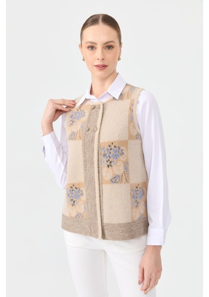 Kadın Sıfır Yaka Patchwork Arkası Keçe Kısa Yün Yelek Bej