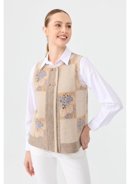 Kadın Sıfır Yaka Patchwork Arkası Keçe Kısa Yün Yelek Bej fırsatları