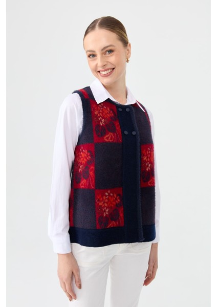 Kadın Sıfır Yaka Patchwork Arkası Keçe Kısa Yün Yelek Y.a Lacivert