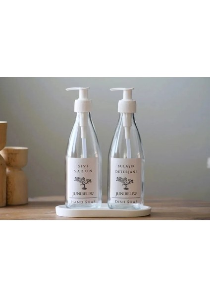 3lü Set Beyaz Suya Dayanıklı Etiket Cam Şişe Bulaşık Deterjanlık Sıvı Sabun 2X330ML+BEYAZ Altlık BOŞ