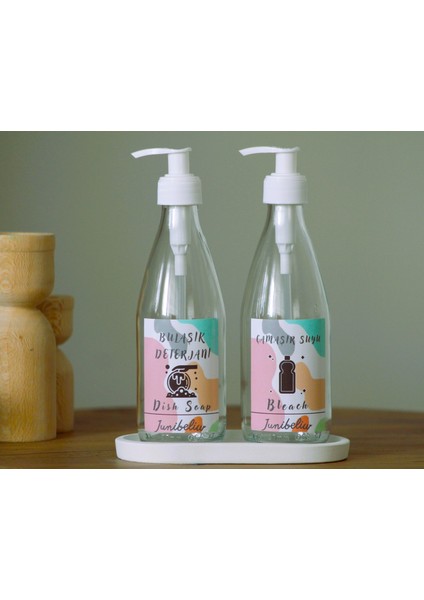 3lü Set Renkli Suya Dayanıklı Etiket Cam Şişe Bulaşık Deterjanlık Çamaşır Suyu 2X330ML+BEYAZ Altlık BOŞ