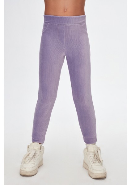 Açık Lila Kız Çocuk Sahte Cepli Fitilli Kadife Tayt fiyatları