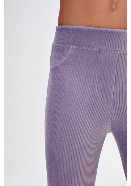 Açık Lila Kız Çocuk Sahte Cepli Fitilli Kadife Tayt modelleri