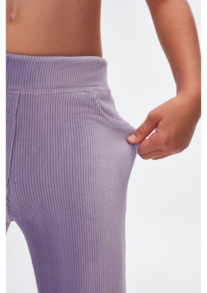 Açık Lila Kız Çocuk Sahte Cepli Fitilli Kadife Tayt fırsatları