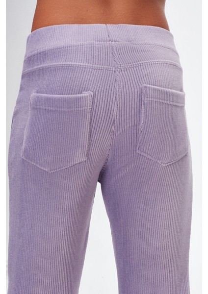Açık Lila Kız Çocuk Sahte Cepli Fitilli Kadife Tayt indirimleri