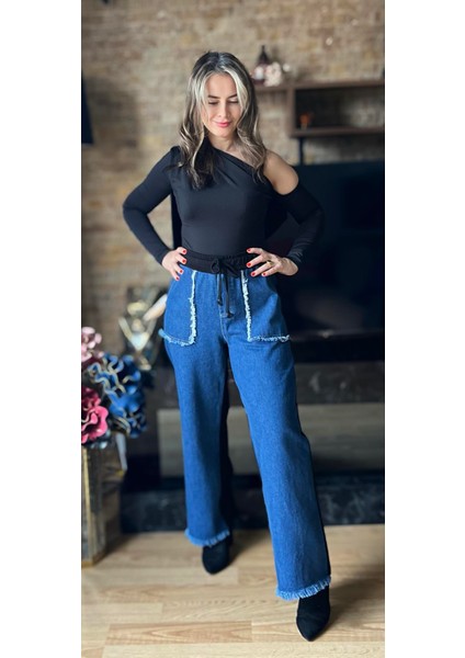Premium Kalite Yarasa Cep Denim Detaylı Tasarım Geniş Paça Pantolon