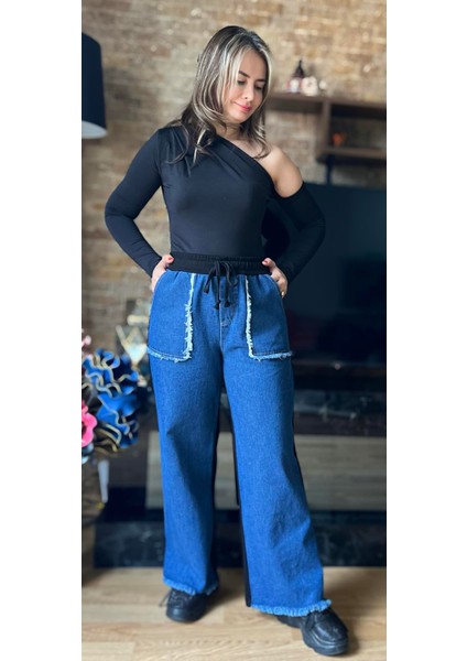 Premium Kalite Yarasa Cep Denim Detaylı Tasarım Geniş Paça Pantolon fırsatları