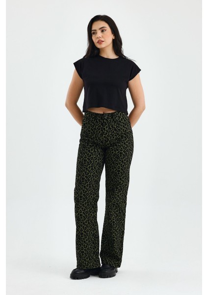 Animal Print Yüksek Bel Flare Paça Leopar Desenli Kadife Pantolon 29 - Yeşil modelleri