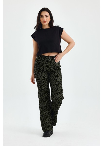 Animal Print Yüksek Bel Flare Paça Leopar Desenli Kadife Pantolon 29 - Yeşil fırsatları
