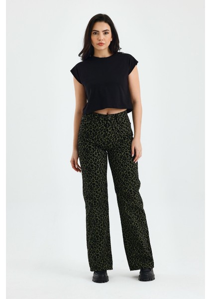 Animal Print Yüksek Bel Flare Paça Leopar Desenli Kadife Pantolon 29 - Yeşil indirimleri