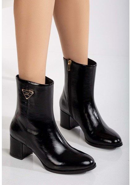 Kadın Aksesuarlı Topuklu Bot - Siyah Rugan