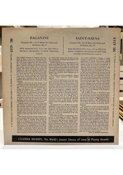 Zino Francescatti With The The Philadelphia Orchestra, Eugene Ormandy, Philharmonic-Symphony Orchestra Of New York, Dimitri Mitropoulos–concerto No.1 In D Major, Op. 6+Concerto No.3 In B Minor, Op. 61
