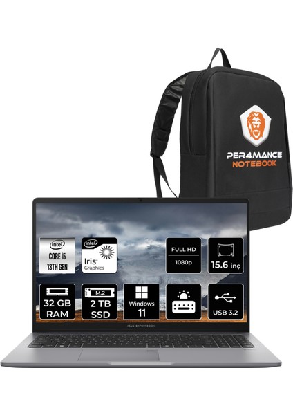 Expertbook P1 Intel Core I5 13500H 32GB 2tb SSD 15.6" Fhd Windows 11 Pro Taşınabilir Bilgisayar & Per4 Çanta P1503I58512S0DP399