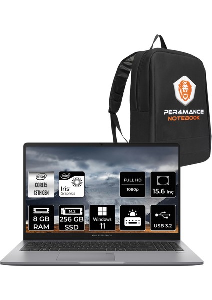 Expertbook P1 Intel Core I5 13500H 8gb 256GB SSD 15.6" Fhd W11P Taşınabilir Bilgisayar & Per4 Çanta P1503I58512S0DP381