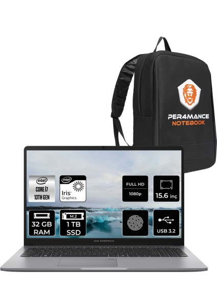 Expertbook P1 Intel Core I7 13700H 32GB 1tb SSD 15.6" Fhd Fdos Taşınabilir Bilgisayar & Per4 Çanta P1503I716512S0DP318