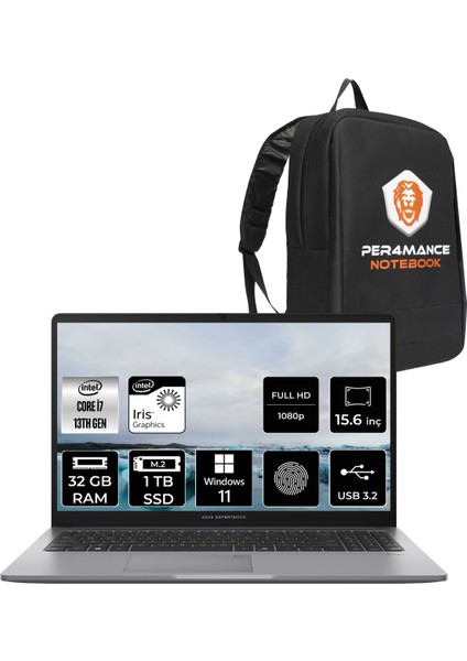 Expertbook P1 Intel Core I7 13700H 32GB 1tb SSD 15.6" Fhd W11P Taşınabilir Bilgisayar & Per4 Çanta P1503I716512S0DP398