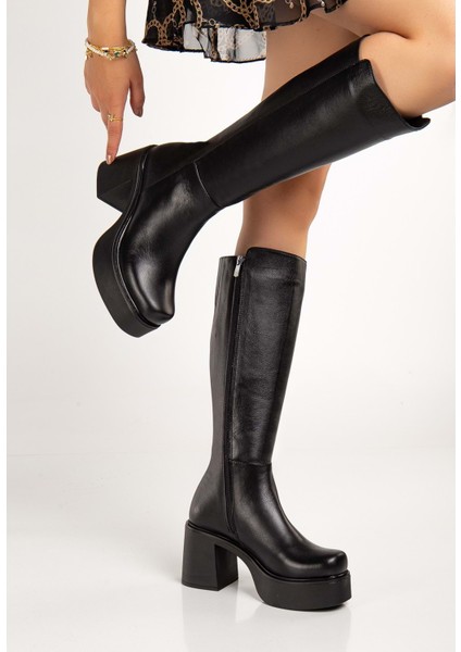 Kadın Deri Kalın Tabanlı Topuklu Çizme - Siyah fiyatları
