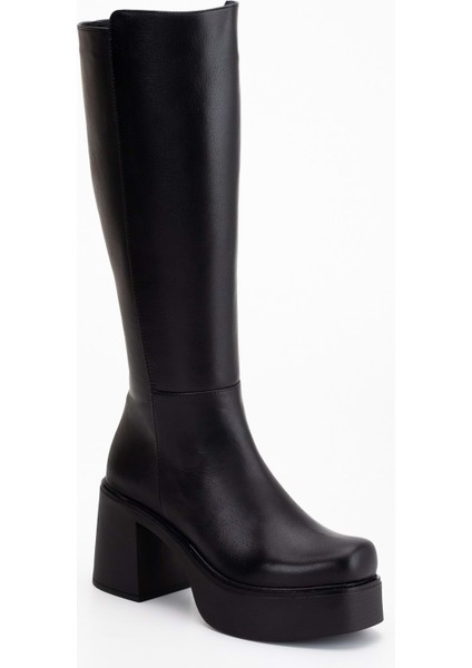 Kadın Deri Kalın Tabanlı Topuklu Çizme - Siyah fırsatları