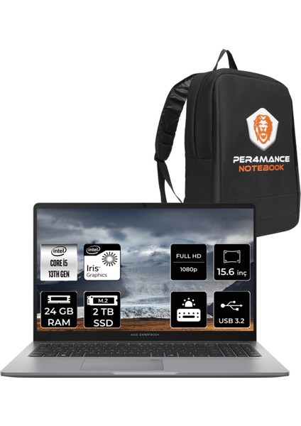 Expertbook P1 Intel Core I5 13500H 24GB 2tb SSD 15.6" Fhd Fdos Taşınabilir Bilgisayar & Per4 Çanta P1503I58512S0DP314
