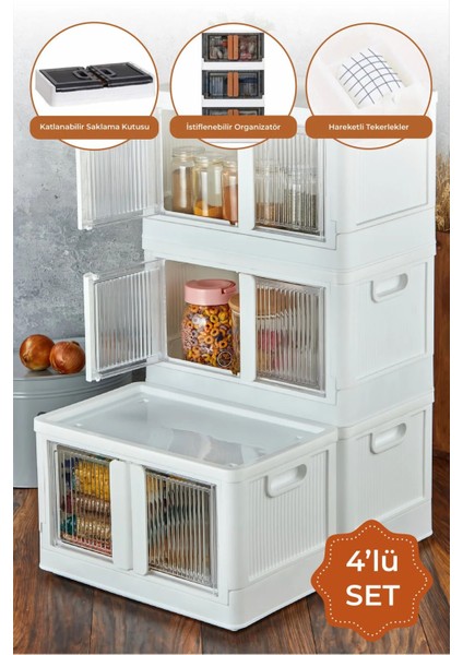Çok Amaçlı Istiflenebilir Katlanır 4'lü Beyaz Düzenleyici Dolap Seti