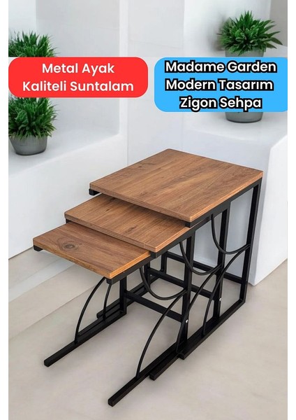 Elegant Metal Ayaklı Ahşap Üçlü Zigon Sehpa Seti