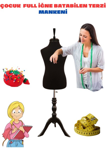 8 Yaş Iğne Batabilen Siyah Kumaş Çocuk Terzi Mankeni Prova Mankeni Vitrin Mankeni
